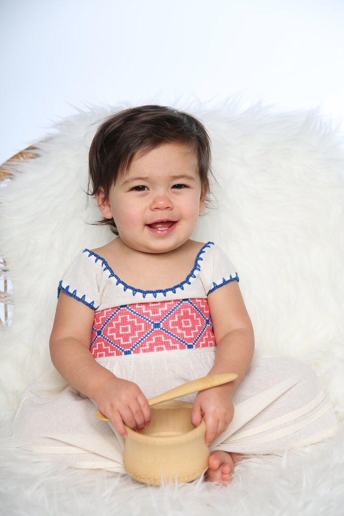 STITCHED EMBROIDERED DRESS PINK & BLUE AGE 1-3